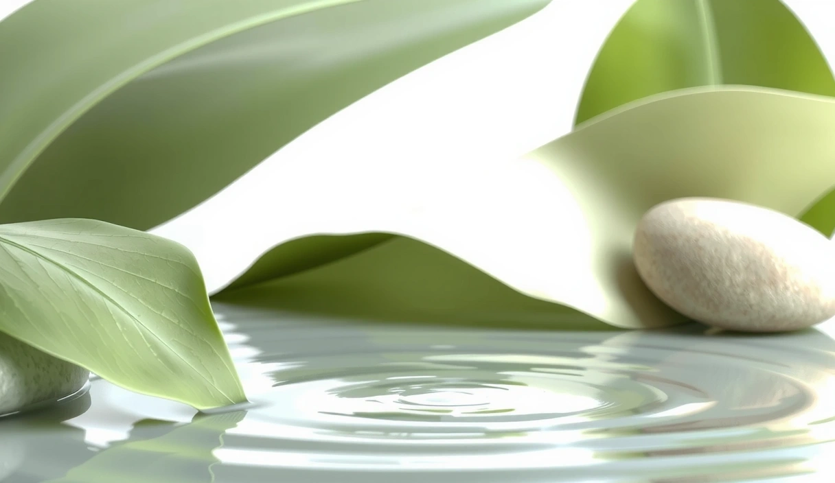 Abstract, serene natural elements like soft leaves, water ripples, or smooth stones, in pastel tones, conveying peace and natural connection.