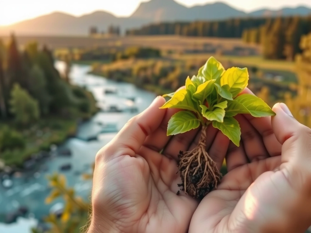 Hands gently holding a small green plant sprout, with a blurred background of a diverse natural landscape (forest, river, mountains). The image conveys growth, care, and environmental protection. Soft, natural lighting.
