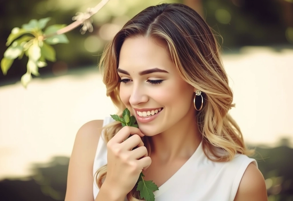 Donna sorridente che annusa una pianta fresca in un ambiente naturale e luminoso, simbolo di benessere e vitalità
